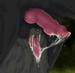 balls black_body black_fur bodily_fluids braided_hair cum cum_in_mouth cum_inside drooling duo erection fangs female feral forest fur genital_fluids genitals gums hair in_throat juice knot knotted_penis male male/female male/male mawplay mouth_shot multi_knot open_mouth penis plant saliva size_difference slime squish teeth these_aren't_my_glasses throat tongue tree wet valiberite mythology windlass avian canid canine canis gryphon hybrid mammal mythological_avian mythological_creature wolf absurd_res black_and_white hi_res monochrome