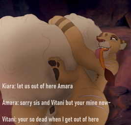 anus belly big_belly female female/female feral group lying on_back oral_vore scar text tongue tongue_out trio vore king_hg_21 disney the_lion_king fan_character kiara_(the_lion_king) vitani_(the_lion_king) felid lion mammal pantherine english_text hi_res