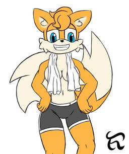 2_tails anthro athletic_wear biped black_nose blue_eyes breasts cheek_tuft clothed clothing covering covering_breasts crossgender exercise facial_tuft female front_view fur hair male mtf_crossgender multi_tail no_shading simple_background smile solo standing tail tight_clothing tired towel tuft white_body white_fur workout yellow_body yellow_fur techymight sega sonic_the_hedgehog_(series) miles_prower canid canine fox mammal 2021 digital_media_(artwork) portrait three-quarter_portrait