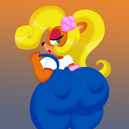 accessory anthro bedroom_eyes big_breasts big_butt blonde_hair breasts butt clothing computer curvy_figure electronics eyelashes eyeshadow female fingers flower flower_in_hair fur green_eyes hair hair_accessory hourglass_figure huge_breasts huge_butt laptop lips looking_back makeup multicolored_body multicolored_fur narrowed_eyes orange_background orange_body orange_fur overalls plant ponytail rear_view seductive simple_background smile solo standing tan_body tan_fur thick_thighs voluptuous wide_hips 3barts activision crash_bandicoot_(series) coco_bandicoot bandicoot mammal marsupial 1:1 2020 absurd_res digital_media_(artwork) hi_res