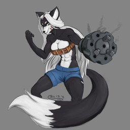 abs anthro black_body black_tail bottomwear breasts chest_belt clothing cosplay dipstick_tail female gatling_gun gun gun_arm hair long_hair machine_gun markings medium_breasts minigun multicolored_body partially_clothed_anthro ranged_weapon red_markings shorts solo tail tail_markings two_tone_body weapon weapon_arm white_body white_hair blizzmaster lena_the_jackal canid canine canis jackal mammal 1:1 hi_res