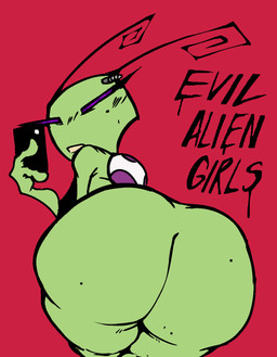 antennae_(anatomy) big_butt blush blush_lines bottomless butt cellphone clenched_teeth clothed clothing electronics eyelashes female green_body green_skin long_antennae markings mole_(marking) mole_on_butt mole_on_cheek not_furry phone purple_eyes red_background simple_background smartphone solo teeth text thick_eyelashes thick_thighs nanodude78 invader_zim nickelodeon tak_(invader_zim) alien humanoid irken 2026 digital_media_(artwork) english_text hi_res