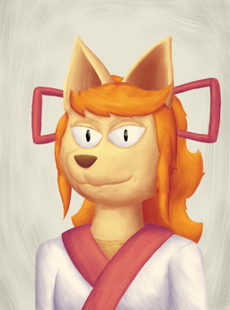 asian_clothing clothing east_asian_clothing female fur hair japanese_clothing kimono orange_hair smile solo tan_body tan_fur white_eyes yellow_undershirt trycia_lotus undertale_yellow ceroba_ketsukane canid canine fox mammal hi_res portrait