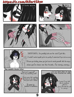 anthro black_hair black_nose bodily_fluids clothing dialogue dirty female fingering fur genitals grey_body grey_fur hair kissing masturbation nude penis pink_body pink_nose red_penis saliva simple_background solo text vaginal vaginal_fingering vaginal_masturbation vulva white_body white_fur allartskye kia_(allartskye) skye_(allartskye) american_opossum canid canine canis mammal marsupial wolf comic english_text hi_res url