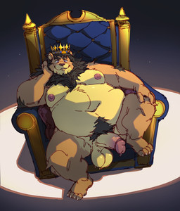 anthro balls belly belly_hair big_balls big_belly big_penis black_hair body_hair chair crown fur furniture genitals hair headgear king male mane moobs nipples obese obese_male overweight overweight_male penis royalty solo tan_body tan_fur throne zangusuu felid lion mammal pantherine hi_res