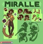 5_fingers anthro armband biped breasts brown_body brown_fur brown_hair feathers female fingers fur green_eyes hair jewelry magic markings solo text tribal tribal_clothing zummeng miralle domestic_cat felid feline felis mammal 2020 digital_media_(artwork) full-length_portrait hi_res model_sheet portrait url