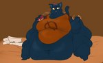 anthro belly big_belly big_breasts bottomless breasts chubby_cheeks clothed clothing crumbs dessert doughnut doughnut_box fat_arms fat_legs fat_rolls female food highlights_(coloring) holding_food holding_object huge_belly morbidly_obese morbidly_obese_anthro morbidly_obese_female navel notched_ear obese obese_anthro obese_female open_mouth overweight overweight_anthro overweight_female pastry red_eyes solo sinfullapis night_in_the_woods mae_borowski domestic_cat felid feline felis mammal 2023 absurd_res hi_res