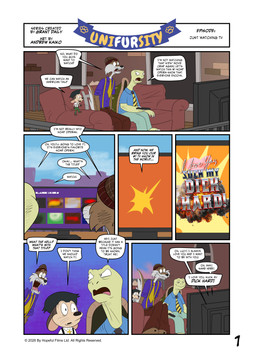anthro balcony clothing dialogue electronics furniture humor male soap_opera sofa television television_show text watching_television andrew_kaiko unifursity_(series) little_tim_(unifursity) toby_g._coy_(unifursity) toothie_(unifursity) canid canine canis coyote mammal mouse murid murine reptile rodent scalie tortoise turtle absurd_res comic english_text hi_res