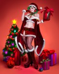 boots breasts christmas_clothing christmas_headwear christmas_tree cleavage clothed clothing female footwear gift gloves handwear hat headgear headwear high_heeled_boots high_heels holding_gift holding_object holidays humanoid_pointy_ears legwear looking_at_viewer not_furry plant pointy_ears santa_hat shoes solo thigh_highs tree lerapi christmas elf humanoid hi_res