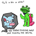 anthro crystal fungus humor male male/male mushroom profanity solo text mushroomwolf changed_(video_game) ruffle(character) squid_dog_(changed) canid canine canis mammal wolf 1:1 english_text sketch