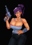 1_eye areola areola_slip big_breasts big_butt breasts bulging_breasts butt cleavage clothed clothing female fully_clothed gun hand_on_hip huge_breasts laser_gun lips nipple_slip nipples not_furry ranged_weapon small_waist solo thick_lips thick_thighs weapon wide_hips boobsgames comedy_central futurama turanga_leela cyclops humanoid hi_res