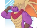 aged_up anthro clothing eyewear eyewear_on_head fingerless_gloves gloves goggles goggles_on_head gradient_background handwear kerchief male muscular muscular_anthro muscular_male purple_body scales simple_background wings donttouchmylasagna activision mythology spyro_the_dragon balloonist_spyro spyro dragon mythological_creature mythological_scalie scalie 2022 4:3