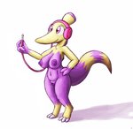 anthro areola big_areola big_breasts big_nipples breasts curvy_figure electronics female genitals hand_on_hip headphones holding_object navel nipples pink_eyes purple_nipples purple_pussy pussy simple_background smile solo standing voluptuous white_background wire tg-0 fakemon nintendo pokemon pokemon_uranium paraboom pokemon_(species)