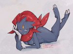 anthro breasts butt claws feathers female forehead_gem fur gem grey_body grey_fur judging looking_at_viewer lying nude on_front pose red_body red_feathers simple_background smile smiling_at_viewer smirk smirking_at_viewer solo tail tail_feathers thwillartz nintendo pokemon generation_4_pokemon pokemon_(species) weavile signature