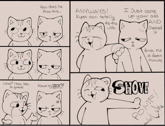 annoyed anthro blush blush_lines bodily_fluids cross-popping_vein dialogue duo exclamation_point eyebrows eyes_closed front_view fur gesture hand_behind_back hand_on_shoulder looking_at_another looking_away male nude one_eye_closed one_eye_half-closed onomatopoeia pushing question_mark raised_eyebrow shove shrug smile sound_effects sweat text tongue whiskers sushiamazing working_buddies! kuehiko_roshihara tapio_chatarozawa domestic_cat felid feline felis mammal 2025 comic digital_media_(artwork) english_text monochrome