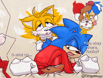 anal anthro anus bite blush clothing flying genitals gloves grabbing_sheets group half-closed_eyes handwear male male/male narrowed_eyes open_mouth penis penis_grab smug spreading text trio tenge_mage sega sonic_the_hedgehog_(series) knuckles_the_echidna miles_prower sonic_the_hedgehog canid canine echidna eulipotyphlan fox hedgehog mammal monotreme