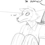 1:1 anthro beastars canid canine canis clothing dialogue english_text hi_res hladilnik legoshi_(beastars) looking_offscreen male mammal monochrome offscreen_character polo_shirt shirt sketch text topwear under_table wolf