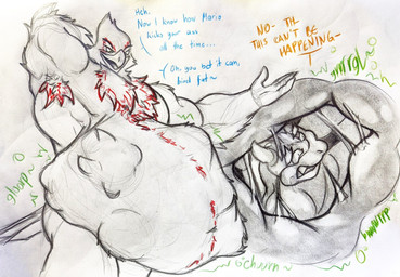 abdominal_bulge belly big_belly dialogue huge_belly internal male male_pred male_prey prey_outline rumbling_stomach same_size_vore text vore ivore mario_bros nintendo star_fox bowser falco_lombardi avian bird falcon falconid koopa reptile scalie turtle hi_res traditional_media_(artwork)