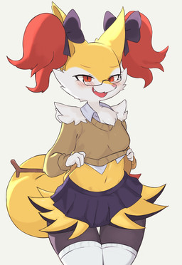 anthro black_body black_fur blush bottomwear bow_accessory breasts clothed clothing clothing_lift cute_fangs eyewear fangs female female_anthro fur glasses inner_ear_fluff kemono legwear looking_at_viewer midriff multicolored_body multicolored_fur navel open_mouth pink_nose pupils red_body red_fur school_uniform shirt simple_background skirt slit_pupils small_breasts solo sweater teeth thigh_highs tongue topwear tuft uniform wearing_glasses white_background white_body white_fur wide_hips yellow_body yellow_fur yoru_vida nintendo pokemon braixen canid canine generation_6_pokemon mammal pokemon_(species) 2022 absurd_res digital_media_(artwork) hi_res portrait three-quarter_portrait