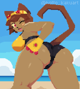 anthro beach bikini bouncing_butt brown_body butt butt_grab camel_toe clothing female hand_on_butt heart_symbol looking_back one_eye_closed rear_view sea seductive solo swimwear tail thick_thighs two-piece_swimsuit water wink hotto_kakuart gameoverse glitch_productions kit_bodega felid feline mammal animated digital_media_(artwork) hi_res pixel_(artwork) pixel_animation