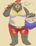 anthro belly bottomwear clothing humanoid_hands male navel overweight overweight_anthro overweight_male shirt shorts simple_background solo text topwear spazz_bear bear mammal 2018 4:5 hi_res