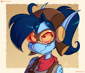 arm_markings aviator_cap blue_body blue_hair blue_skin cheek_markings clothing eyebrows eyewear facial_markings female goggles hair head_markings markings pointy_ears round_nose scarf shirt short_hair shoulder_markings sinister_smile solo suspenders thick_eyebrows topwear psicoyote vesta_(psicoyote) alien bust_portrait hi_res portrait