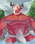 abs anthro areola barazoku big_bulge biped bulge detailed_background detailed_bulge facial_hair fire horn hot_spring male male_anthro muscular muscular_anthro muscular_male nipples pecs red_body red_skin solo water eliolovicos asian_mythology east_asian_mythology japanese_mythology mythology demon dragon mythological_creature mythological_scalie oni scalie yokai absurd_res hi_res