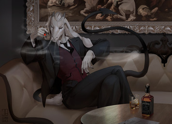 accessory alcohol anthro beverage black_tail bottomwear cigar classy claws clothing container cup finger_claws floppy_ears formal_wear fur furniture glass glass_container glass_cup horn inside jacket logo male necktie on_sofa painting_(object) pants sitting sitting_on_sofa smoke smoke_from_nose smoking smoking_cigar sofa solo spade_tail tail text topwear vest whiskey white_body white_fur german_braga jack_daniel's yul_(elfox) bovid caprine goat mammal 2021 artist_logo artist_name digital_media_(artwork)