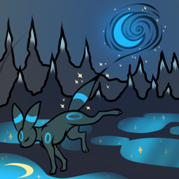 feral frolicking mountain night outside snow solo sparkles star water feralcatalyst nintendo pokemon eeveelution generation_2_pokemon pokemon_(species) umbreon hi_res