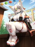 anthro big_breasts blush breasts clothed clothing female female_anthro fingers fur hair kemono looking_at_viewer smile solo white_body white_fur faroula canid canine fox mammal 3:4 hi_res