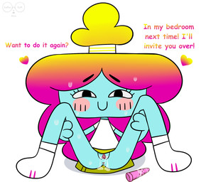 anus blue_body blue_skin blush blush_lines bodily_fluids bottomless bottomless_female bottomless_humanoid bottomwear clothed clothing dialogue dildo female female_humanoid footwear genital_fluids genitals hair hands_on_legs heart_symbol leaking_vagina looking_at_viewer looking_pleasured multicolored_hair no_underwear not_furry on_model pants rainbow_hair raised_bottomwear raised_clothing raised_leg raised_skirt sex_toy shirt shoes simple_background skirt smile solo spread_legs spreading sweat sweatdrop text topwear vaginal vaginal_fluids vulva white_background white_clothing white_shirt white_topwear yellow_bottomwear yellow_clothing yellow_skirt saffersoft cartoon_network the_amazing_world_of_gumball rachel_wilson humanoid rainbow_lass 2024 english_text hi_res