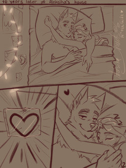 5_fingers anthro anthro_on_anthro bed bed_sheet bedding bedroom bird's-eye_view blanket blockage_(layout) canine_nose cat_nose claws clothed clothing cuddling duo ears_down ears_up emanata emoticon emotional eyebrows eyelashes eyes_closed facial_fur female female_anthro finger_claws fingers fox_ears furniture garland hair hand_on_partner hand_on_shoulder hands_on_partner happy heart_emanata heart_symbol high-angle_view holidays horizontal_blockage hug inner_ear_fluff inside light lights long_hair looking_at_object lying lying_on_bed male male/female male_anthro nails narrowed_eyes neck_tuft on_back on_bed on_pillow page_number philtrum picture_on_wall pillow pinned pinned_to_wall pivoted_ears pupils shadow short_hair sleeping sleeping_together smile smile_lines snout surprised text thick_eyebrows topless topless_male tuft under_blanket valentine's_day_card wall_(structure) aleksikashvets valentine's_day aleksika_(aleksikashvets) angle_(copperback01) canid canine domestic_cat felid feline felis fox mammal 2026 artist_name comic dated english_description english_text hi_res monochrome pictographics signature sketch