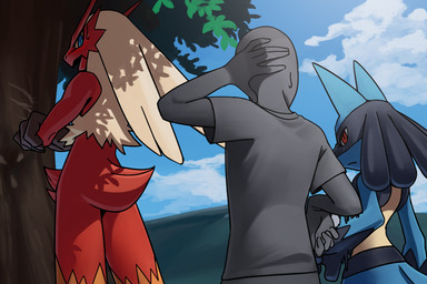 ambiguous_gender anthro beak black_body black_fur blue_body blue_fur blue_sky blush bodily_fluids day dipstick_limbs fur group long_ears multicolored_body multicolored_fur outside sky sweat sweatdrop tan_body tan_fur katahane3 nintendo pokemon anon avian blaziken canid canine generation_3_pokemon generation_4_pokemon human lucario mammal pokemon_(species) 2018 3:2 digital_media_(artwork)