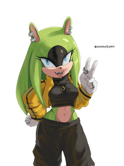 anthro blue_eyes bottomwear breasts clothing ear_piercing eyelashes female gesture green_hair hair hand_gesture hand_on_hip jacket jewelry navel necklace open_mouth open_smile pants piercing ring_(jewelry) sharp_teeth smile solo teeth text thong thong_straps tongue tongue_out topwear underwear v_sign soranygyart idw_publishing sega sonic_the_hedgehog_(comics) sonic_the_hedgehog_(idw) sonic_the_hedgehog_(series) surge_the_tenrec afrosoricid mammal tenrec 3:4 artist_name hi_res
