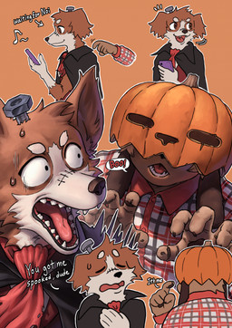 anthro brown_body brown_fur cape clothed clothing costume dialogue duo electronics food frankenstein_costume fruit fur halloween_costume holding_object holding_phone holidays jack-o'-lantern male open_mouth phone plant pumpkin scared scared_eyes shirt simple_background smile tail teeth text tongue topwear nyeong halloween smell_(mucknagabe) joseph_(mucknagabe) noi_(mucknagabe) bloodhound border_collie canid canine canis collie domestic_dog herding_dog hunting_dog mammal pastoral_dog scent_hound sheepdog digital_media_(artwork) english_text hi_res