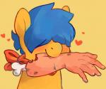 5_fingers ascot blue_hair blush bone chewing feral fingers fur gore hair hard_vore heart_symbol male severed_arm severed_body_part severed_limb simple_background smile solo vore yellow_body yellow_fur zonkpunch hasbro my_little_pony lemonpuffs digital_media_(artwork)