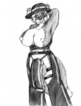 anthro breasts clothed clothing flaccid genitals gynomorph hat headgear headwear hyper intersex nipples penis solo tail topless patches_namaki myrilla canid canine canis domestic_dog mammal monochrome source_request traditional_media_(artwork)