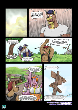 5_panel_comic anthro armor arrow_sign blue_hair bottomwear bracers breastplate brown_body brown_hair clothing dialogue facial_spikes gesture green_body grey_armor group hair hand_gesture head_horn horn jaw_spikes male numb open_mouth orange_hair outside page_number pants plant pointing purple_body road shaking_head shirt sky speech_bubble spikes spikes_(anatomy) stretching_arms sunrise text topwear tree vehicle vest wagon white_clothing white_shirt white_topwear vju79 mythology bob_(vju79) cobby_(vju79) ted_(vju79) zudrec_(vju79) canid canine canis cougar dragon felid feline humanoid mammal mythological_creature mythological_scalie orc scalie winged_dragon wingless_dragon wolf comic english_text hi_res multiple_scenes url