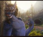 abs anthro athletic athletic_anthro athletic_male blue_body blue_fur blue_stripes blurred_background claws clothed clothing day detailed_background duo ear_piercing ear_ring facial_scar fangs finger_claws forest fur grass hair inner_ear_fluff light long_hair looking_at_viewer male open_mouth outside pawpads piercing pink_nose plant ponytail pose ring_piercing scar seductive smile solo_focus striped_body striped_fur stripes teeth tongue topless tree tuft whiskers white_body white_fur zenthetiger bethesda_game_studios microsoft skyrim the_elder_scrolls inigo_(tes_mod) mr_dragonfly_(tes_mod) ambient_arthropod ambient_insect arthropod dragonfly felid insect khajiit mammal detailed lighting shaded