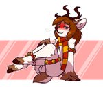 anthro antlers armband balls bell big_penis blue_eyes blush bodily_fluids breath brown_body brown_fur brown_hair butt cel_shading clothing cloven_hooves deer digital_media_(artwork) erection fur genital_fluids genitals hair hooves horn jingle_bell jingle_bell_anklet jingle_bell_armband jingle_bell_legband legband legs_up looking_at_viewer male mammal mewgle multicolored_body multicolored_fur new_world_deer nude pattern_clothing pattern_scarf penis penis_tuck precum presenting presenting_penis red_blush red_scarf reindeer scarf sen_(mewgle) shaded simple_background smile solo striped_clothing striped_scarf stripes two_tone_body two_tone_fur white_body white_fur yellow_scarf