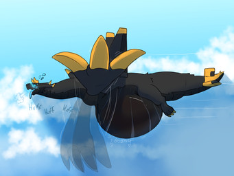 3_toes anthro black_body black_fur black_scales bloated blue_blush blue_tongue blush claws feet finger_claws flying fur horn male out_of_breath plane_wings quadruped scales sky solo toes tongue tongue_out winged_arms wings kingkuga bandai_namco digimon mythology briggsy_(kingkuga) digimon_(species) dragon furred_dragon furred_scalie mythological_creature mythological_scalie scalie hi_res