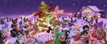 absurd_res anthro avali christmas christmas_clothing christmas_tree clothing feral group group_picture hi_res holidays lagomorph mammal outside plant procyonid raccoon shiny_(shinyfaux) snow tree zilluzion