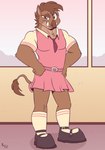 anthro biped bottomwear brown_body brown_eyes brown_hair clothed clothing crossdressing eyebrows footwear hair hands_on_own_hips inside looking_at_viewer male muscular muscular_male shirt short_hair skirt socks solo tail tail_tuft topwear tuft tusks white_clothing white_footwear white_shirt white_socks white_topwear fuf mammal suid suine sus_(pig) wild_boar 2019 hi_res