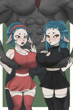 age_difference anthro aroused big_breasts bottomwear breasts clothing female group legwear male male/female school_girls skirt stockings thick_thighs trio fattychaos bovid canid canine caprine goat humanoid mammal 2:3 absurd_res hi_res