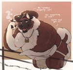 5_fingers anthro barbed_wire belly black_nose bodily_fluids body_hair border brown_body brown_clothing brown_countershading brown_cowboy_hat brown_fur brown_hair brown_headwear butt cigar clothing countershade_arms countershade_face countershade_legs countershade_tail countershade_torso countershading cowboy_hat dialogue fangs fence fingers fur hair hat headgear headwear jewelry jockstrap leaning leaning_forward lock looking_at_viewer male moobs multicolored_body multicolored_fur neck_tuft necklace nipples overweight overweight_anthro overweight_male padlock padlock_necklace pawpads pink_nipples rancher short_tail solo suggestive sweat sweatdrop tail teeth text tuft underwear white_border white_clothing white_jockstrap white_underwear roseonapot canid canine canis domestic_dog mammal 2025 english_text hi_res warm_colors