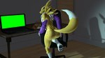 3d_background ambiguous_gender anthro butt feet fur looking_at_viewer looking_back pawpads paws smile soles solo toes soda_rakoon bandai_namco digimon canid canine digimon_(species) mammal renamon 16:9 3d_(artwork) digital_media_(artwork) hi_res widescreen