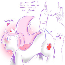 blue_eyes blush clothing cutie_mark duo female feral hair male panties pink_hair quadruped simple_background tail text thong underwear wedgie white_background cold-blooded-twilight friendship_is_magic hasbro my_little_pony anon nurse_redheart_(mlp) earth_pony equid equine horse human mammal pony 1:1 english_text hi_res