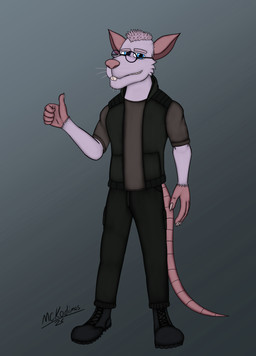 anthro blue_eyes boots clothing eyewear footwear fur gesture glasses hand_gesture looking_at_viewer male scruffy shoes sleeveless_hoodie smile solo sylas_gordon_(mckodimus) thumbs_up topwear vest whiskers white_body white_fur mckodimus mammal murid murine rat rodent absurd_res hi_res