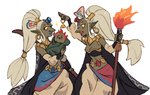 baby breasts clothed clothing ear_piercing ear_ring female group hair humanoid_pointy_ears long_hair male navel not_furry piercing red_hair ring_piercing simple_background white_background white_hair young carowaro nintendo the_legend_of_zelda ganondorf kotake koume gerudo humanoid mammal