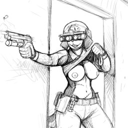 anthro belt big_breasts bottomwear breasts clothed clothing clothing_lift explosives eyewear female flashing flashing_breasts floppy_ears goggles grenade gun handgun holster midriff military nipples nod_mount nods p226 pants pistol ranged_weapon scar shirt shirt_lift solo topwear utility_belt weapon hladilnik samantha_thott canid canine canis domestic_dog mammal 1:1 hi_res monochrome